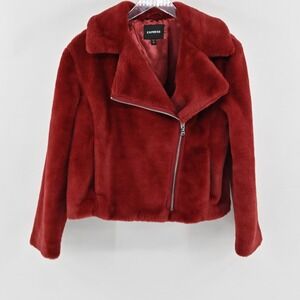 Express Faux Fur Moto Jacket Womens XS Red Holiday Zip Front Biker Casual SoftEx